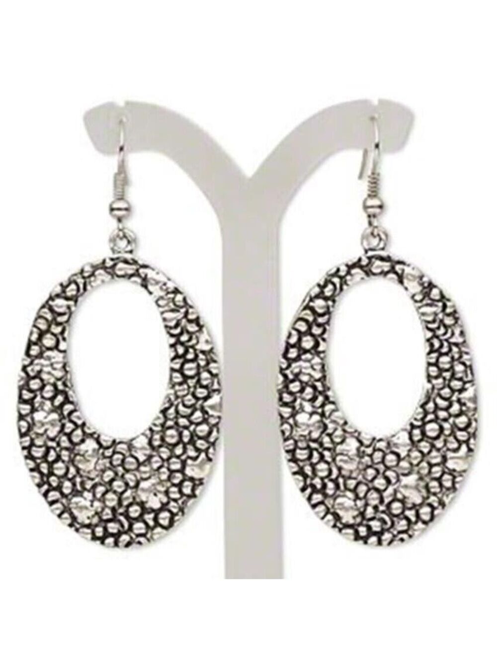 Antique Silver Plated Pebbled Textured Hollow Oval Hoop Dangle Earrings